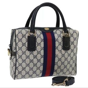 🔥💎GUCCI GG Canvas Sherry Line Hand Bag PVC 2way Navy Red Auth 71079